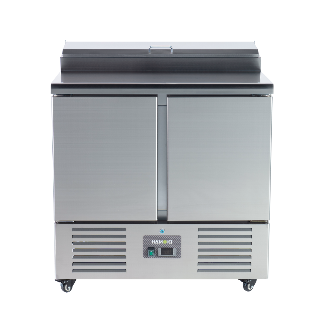 221036 - 2 Door Refrigerated Salad Prep Counter with Stainless Steel Lid and Worktop - 215L (PS200)