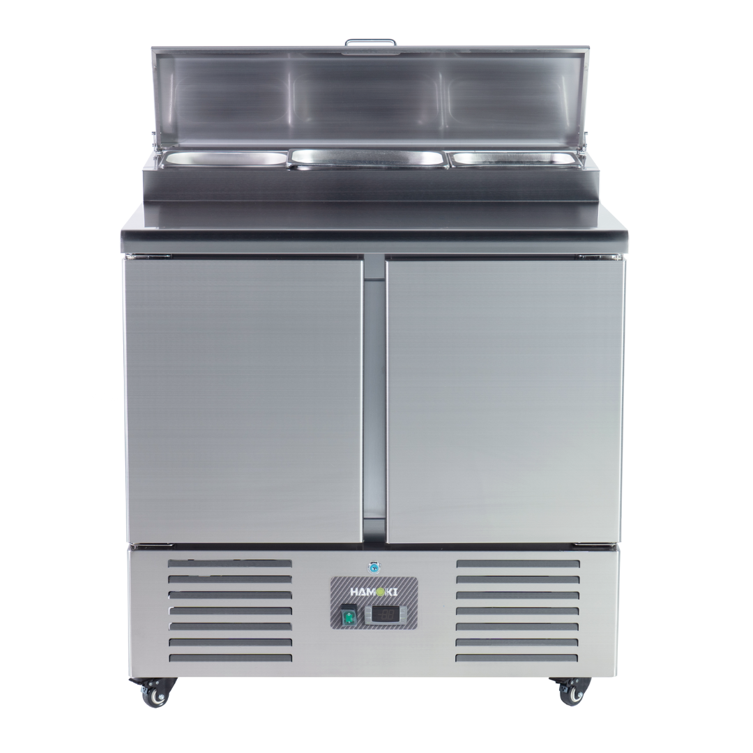 221036 - 2 Door Refrigerated Salad Prep Counter with Stainless Steel Lid and Worktop - 215L (PS200)