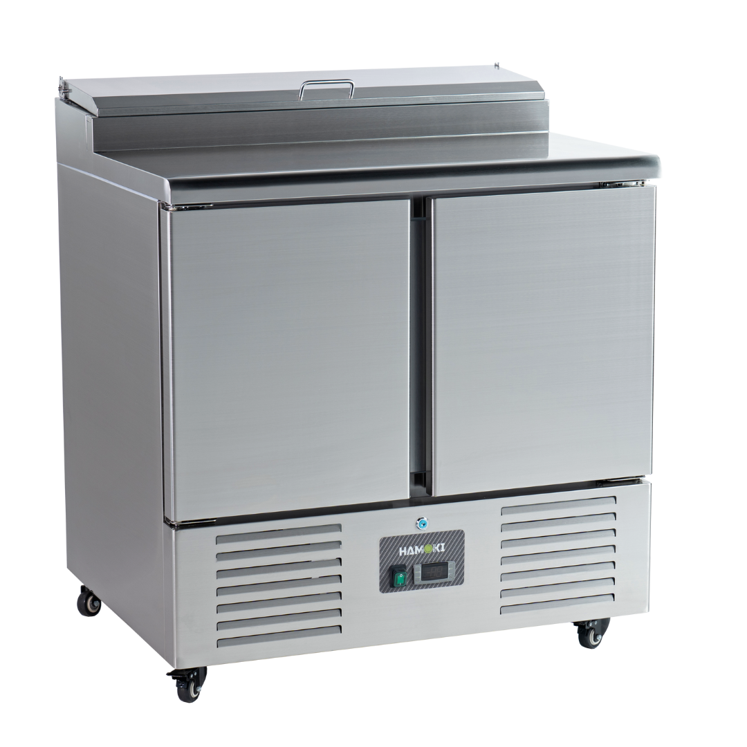 221036 - 2 Door Refrigerated Salad Prep Counter with Stainless Steel Lid and Worktop - 215L (PS200)