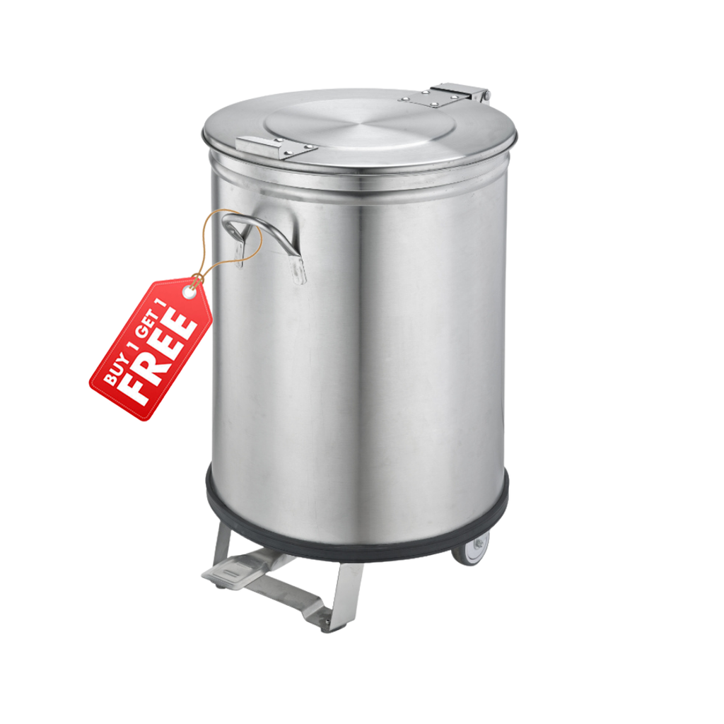 231050 - Commercial Round Waste Bin 100L with 2 Castors and Foot Pedal (buy 1, get 1 FREE!)